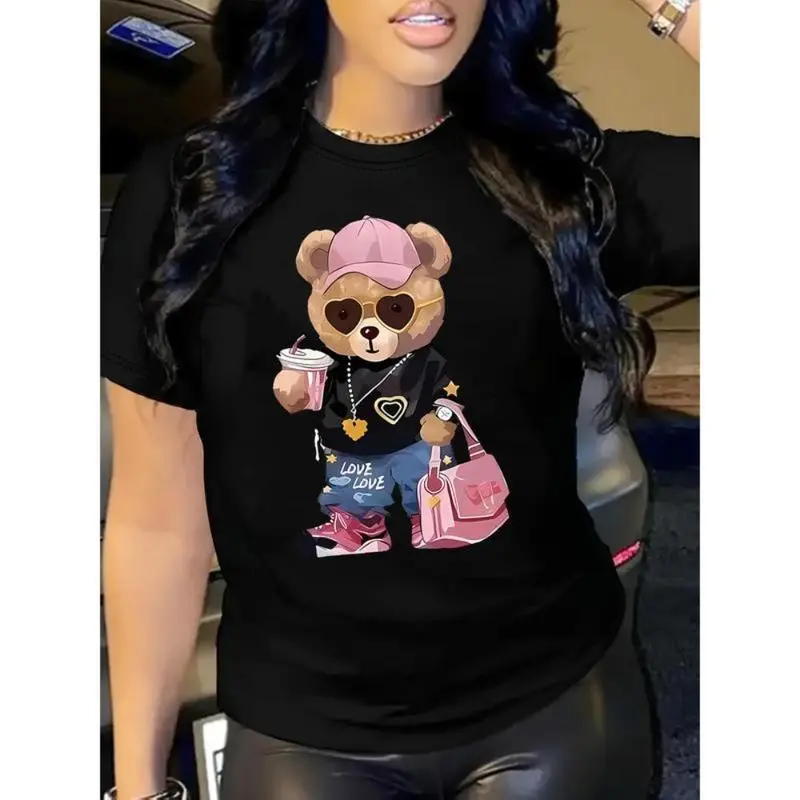 Women's Casual Cartoon Bear Graphic T-Shirt - Black Short-Sleeve Round Neck, Lightweight, Comfy, Breathable, All-Season Stylish Accessories Design Tshirt Casual Wear, Streetwear, Top, Everyday, Shortsleeve, Soft, Fabric, Fit, Playful Print, Multi-Size, Fu