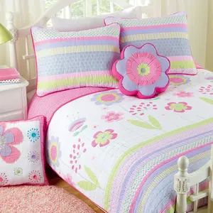 Pink Lavender Green Floral Print Girl 100% Cotton Reversible Quilt Bedding Set, Coverlet, Bedspread (Blossom, Twin - 2 Piece)