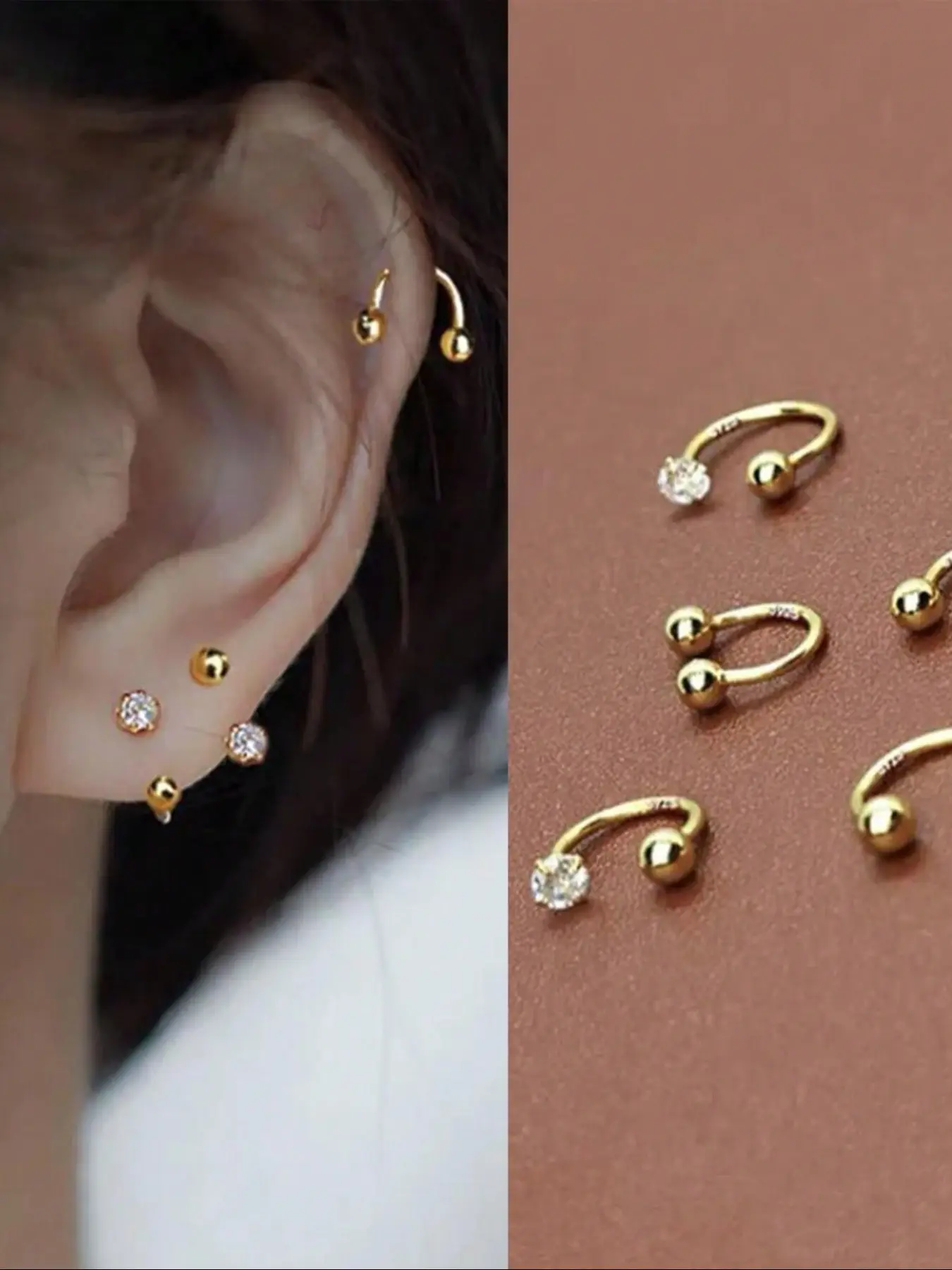 4pcs Waterproof Stainless Steel CZ Piercing Earring Studs Ear Bone Cartilage Helix Tragus Daith Conch Rook Tiny Hoop Earring Earcuffs Women Horseshoe Nose Ring Body Jewelry High Quality Earrings Set