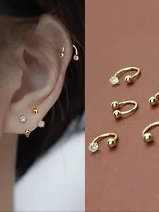 4pcs Waterproof Stainless Steel CZ Piercing Earring Studs Ear Bone Cartilage Helix Tragus Daith Conch Rook Tiny Hoop Earring Women Horseshoe Nose Ring Body Jewelry