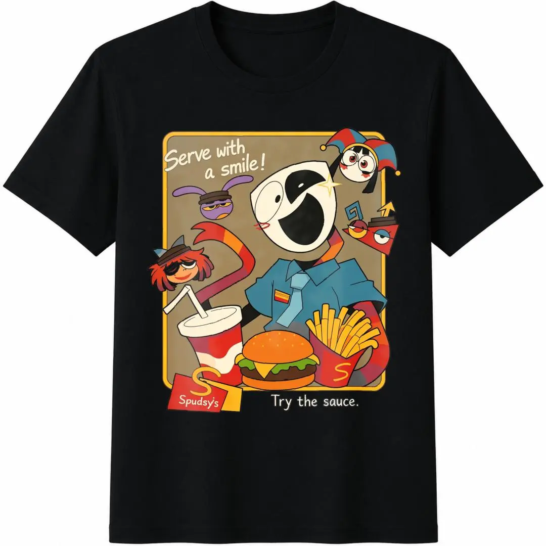 Digital Circus Graphic T-Shirt, Menswear Shortsleeve Breathable Tee with Spudsys, Gangle, Jax Fast Food Design, Matching Retro Animation Gift Sports Top, Casual