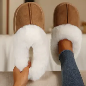 Fashion Women's Plush Suede Slippers Platform Sole, Plush Lining, Trendy Winter House Mules