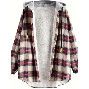 [Oversized Fuzzy Plaid Hooded Jacket] Women's Plaid Fleece Lined Hooded Jacket Button Up Oversized Fuzzy Coat Checkered Flannel Hoodie Jacket