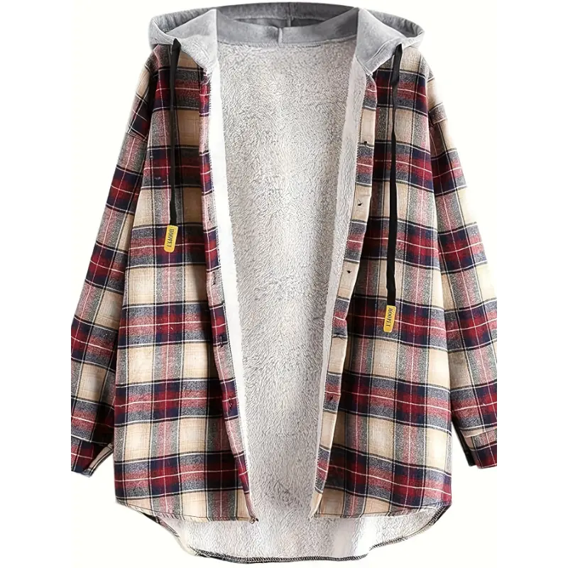 [Oversized Fuzzy Plaid Hooded Jacket] Women's Plaid Fleece Lined Hooded Jacket Button Up Oversized Fuzzy Coat Checkered Flannel Hoodie Jacket