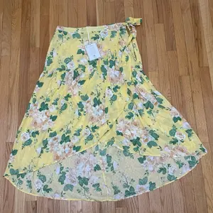 NWT Yellow Floral Wrap High Low Skirt with Elegant Tie Front and Soft Fabric for Summer Style