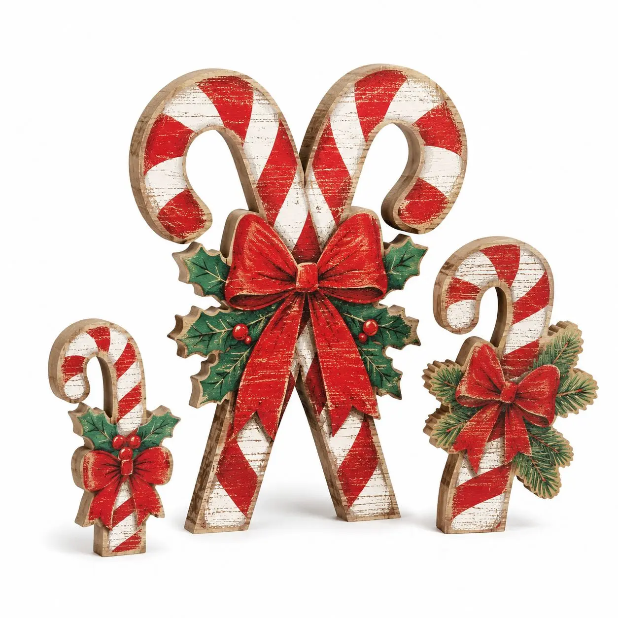 Indoor Christmas decorations, 3-piece candy-themed home decor | Wooden winter Christmas dining table decoration, farmhouse-style Christmas party centerpiece, tiered tray decor for kitchen mantel and office gifts