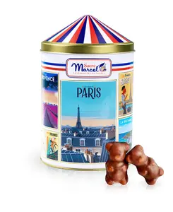 Sacré Marcel – Colonne Morris Collectible Tin with Milk Chocolate Marshmallow Bears, 5.3oz