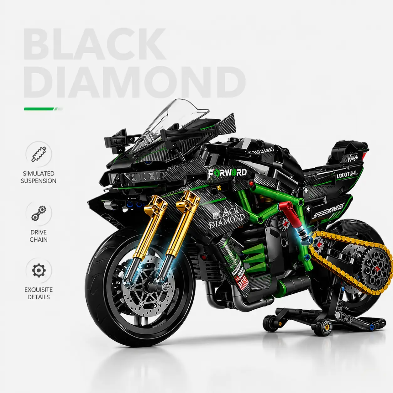 Kawasaki H2 Buildable Kit Motorcycle, Plastic Brick Toy Replica with Carbon Fiber Details & Suspension, Collectible Building Toy for Hobby Enthusiasts, Buildable Kit Motorcycles, Plastic Brick Motorcycles