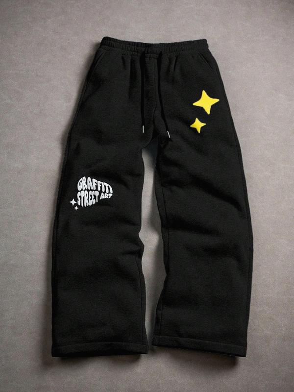 Men's Black "Graffiti Street Art" Star Graphic Wide-Leg Sweatpants - Trending #UrbanStreetStyle, Hot-Selling Fashion Bottoms for Daily/Cool Looks, Must-Have in Men's Apparel with Street Art Aesthetic & Relaxed Silhouette