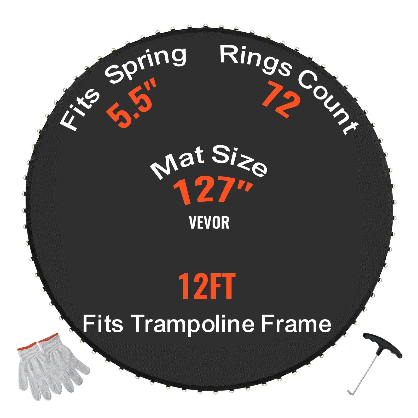 VEVOR Replacement Trampoline Mat, Jumping Mat Fits 12ft Frame, Universal Jumping Mat for 12ft Round Trampoline, Reinforce UV-Resistant Mat with Spring Tool & Durable V-Rings, Fit 5.5" Spring Length