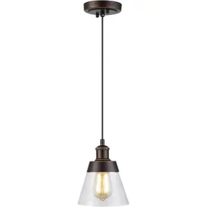Rustic Glass Pendant Light with Handblown Clear Seeded Glass Shade, One-Light Adjustable Industrial Cone Mini Pendant  Fixture for Kitchen  Cafe Bar Farmhouse, Oil Rubbed Bronze