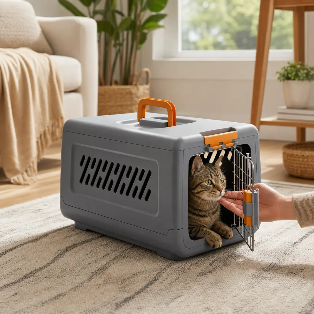 Foldable Airline Pet Carrier Box for Cats - High-Strength ABS, Airflow Mesh, 2-Way Door, Portable Car Transport & Outing Travel Cage