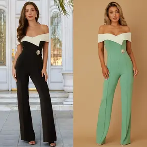 OFF SHOULDER ELEGANT DETAIL JUMPSUIT - RIBBED WIDE BAND - SPARKLE JEWEL DETAIL ON WAIST LINE - BUSINESS ELEGANT DETAIL - ZIPPER ON THE BACK