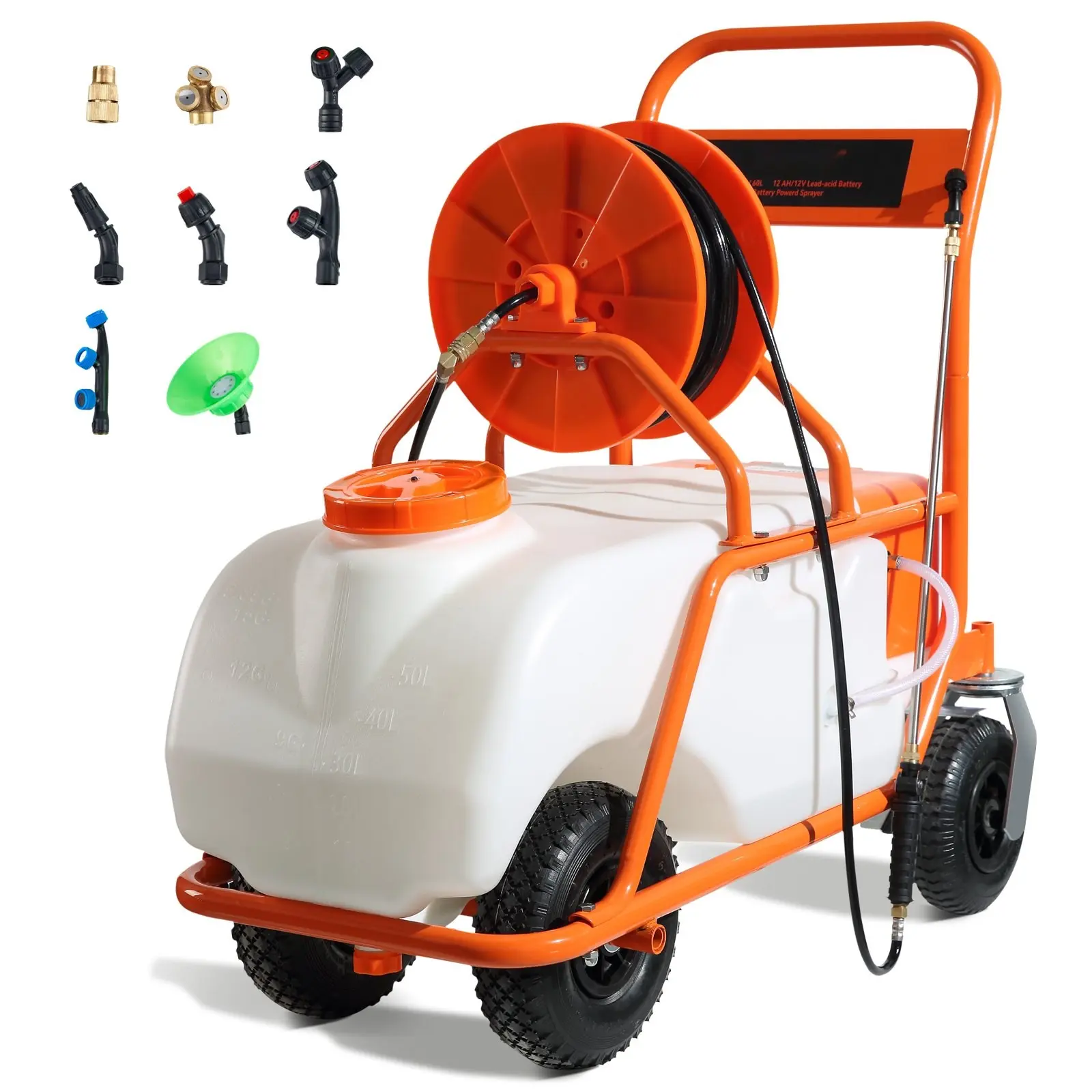 Battery Powered Lawn Sprayer On Wheels With 15 Gallon Tank, Adjustable 0-90 PSI, Cart Sprayer With 8 Nozzles And 2 Wands, 12V 12Ah Battery, Wide Mouth Lid For Weeding And Fertilizing, Ideal For Lawn Care And Garden Spraying