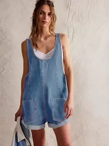 Casual Denim Overall Shorts for Women V Neck Sleeveless Loose Fit Large Utility Pockets Washed Durable Denim Wear with Tee Beach Mall Hiking Effortless Photogenic