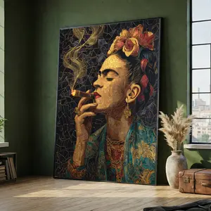 [sale off up to 40%] [Frame Canvas] Frida Kahlo Smoking Cigar Canvas Wall Art, Gustav Klimt Style Mosaic Portrait, Modern Decorative Canvas, Artistic Home Decor