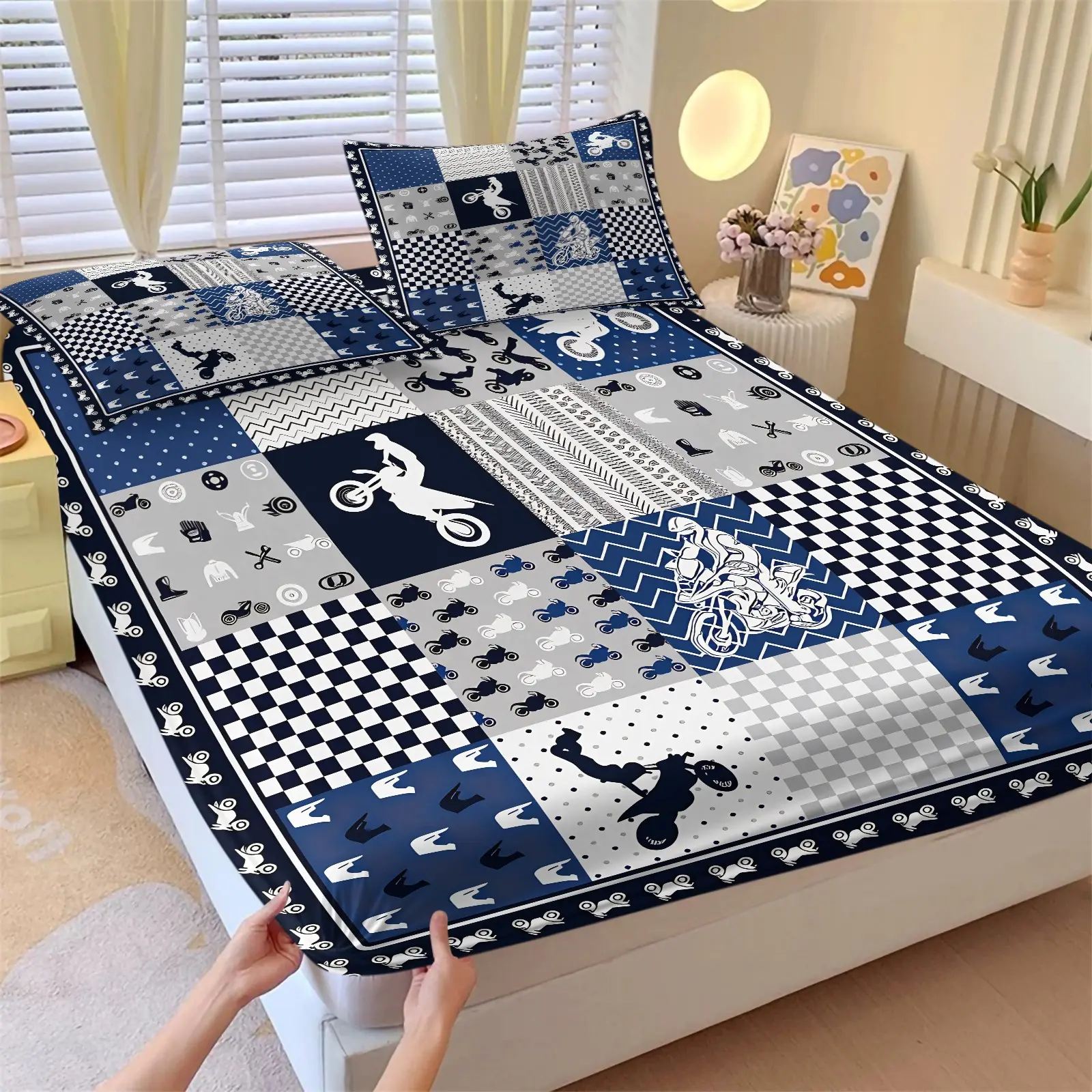 Blue Grey Motorcycle Theme Patchwork Fitted Sheet Set & 2 Pillowcases, Retro Trendy Motorcycle-Style Nattress Protector, Soft Anti-Slip Wrinkle-Resistant, Boys, Motorcycle Enthusiasts Bedroom Decor, Gift Choice