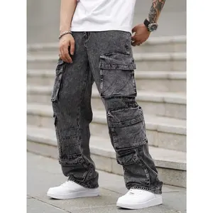 EMRGMenLooseFitWideLegJeansWithMultipleUtilityPockets,CasualWorkwear,PlainLongBaggyCargoDarkGreyAcidWashCargoJeans,ForHusband,BoyfriendGiftsjeansmenmen'sjeansPantsStreetwearDenimMenswearsalvagejeans