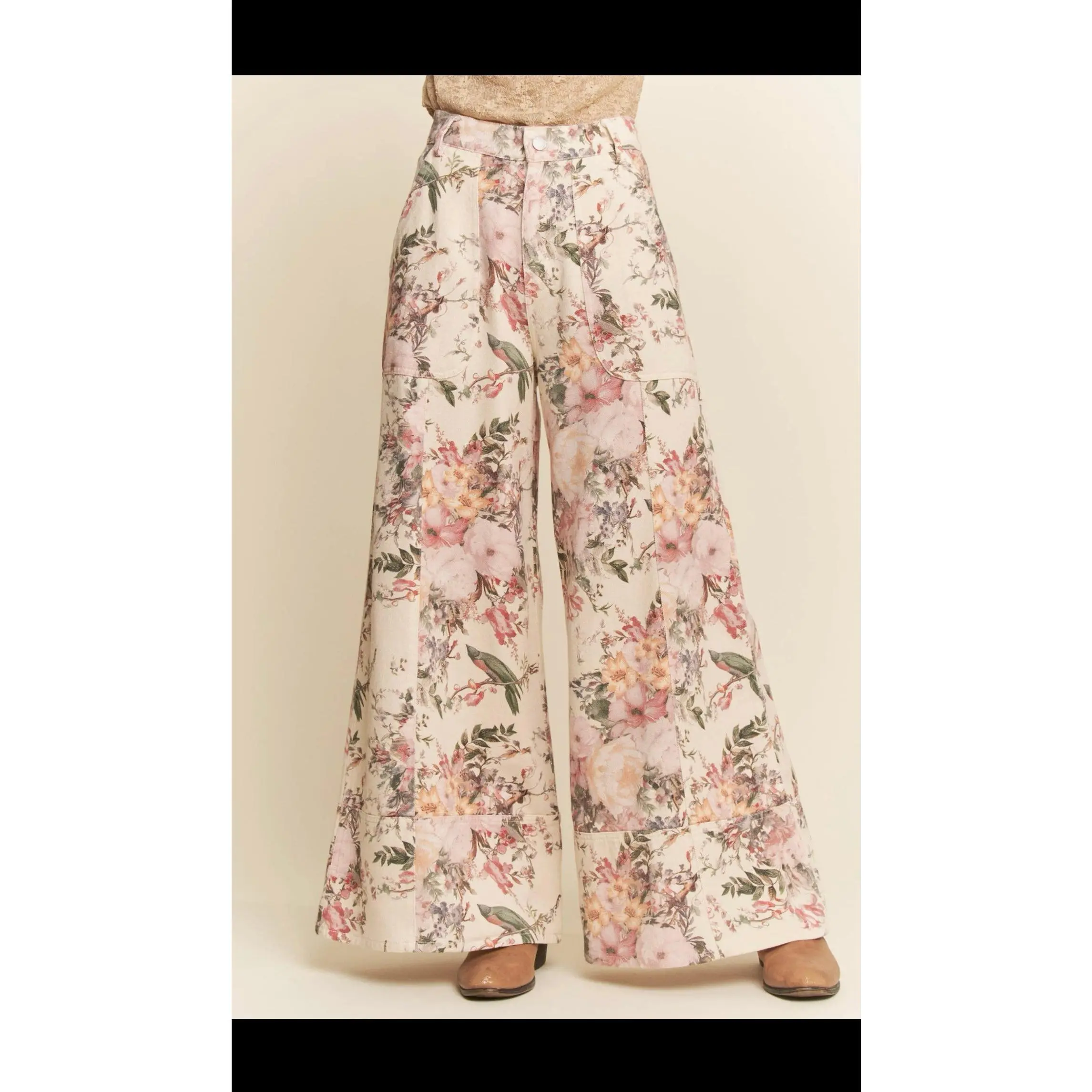 Washed Floral Wide Leg Bottoms with Ruffle Lace Trim, High Rise Statement Matching Leg Pants for Women, Top, Everyday