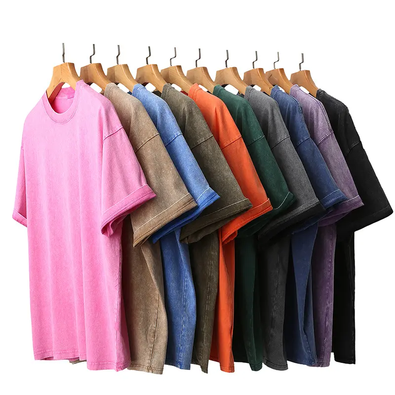 KZZ Men's Vintage Heavyweight T-Shirt, Casual Oversized Drop-Shoulder Fit, Batik-Washed Streetwear with Distressed Hem, Workwear, Classic