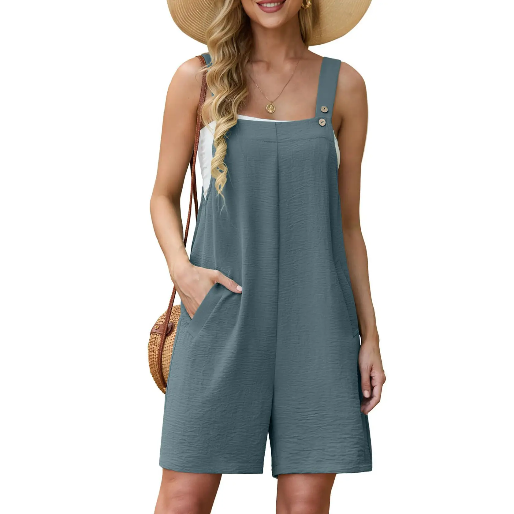 Lepunuo Rompers for Women Summer Boho Loose Fit Sleeveless Short Jumpsuits Overalls Vacation Outfits
