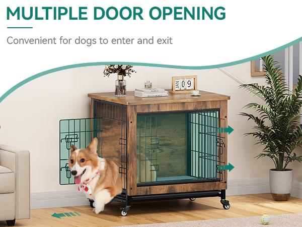 DWVO Dog Crate Furniture with Cushion, Dog Kennel Indoor with Wheels, Dog Crate End Table with Tray, 27" Dog Cage with Double Doors for Small Dog