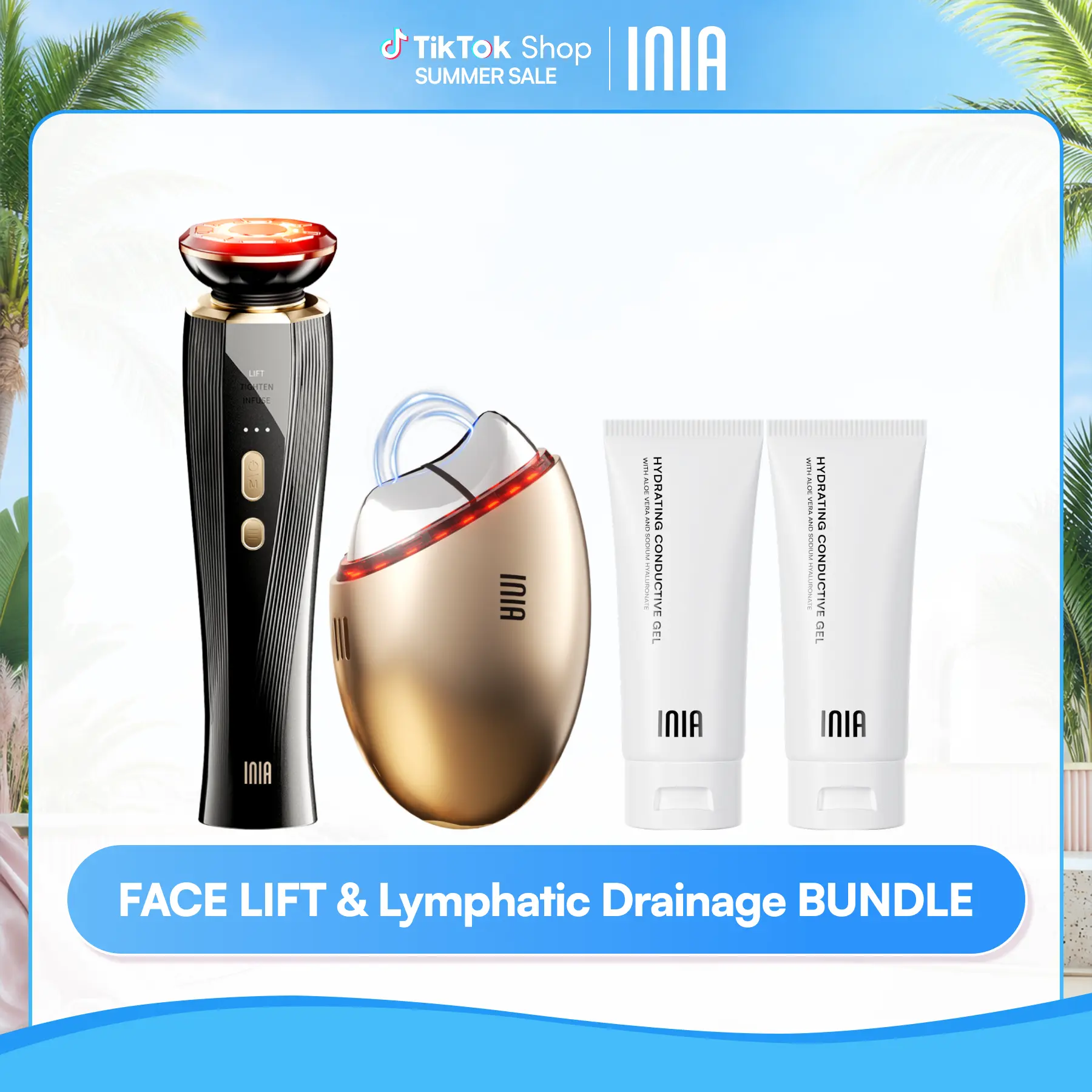 INIA GLACE & FLARE Bundle – All-in-1 Face & Neck Sculpting Beauty Device for Lymphatic Drainage with Microcurrent Lifting, Lift, Tighten, De-Puff, Serum Infusion, Red & Blue Light, Thermal & Cryo Therapy, Buy 1 Get 4, Ideal Gift Set