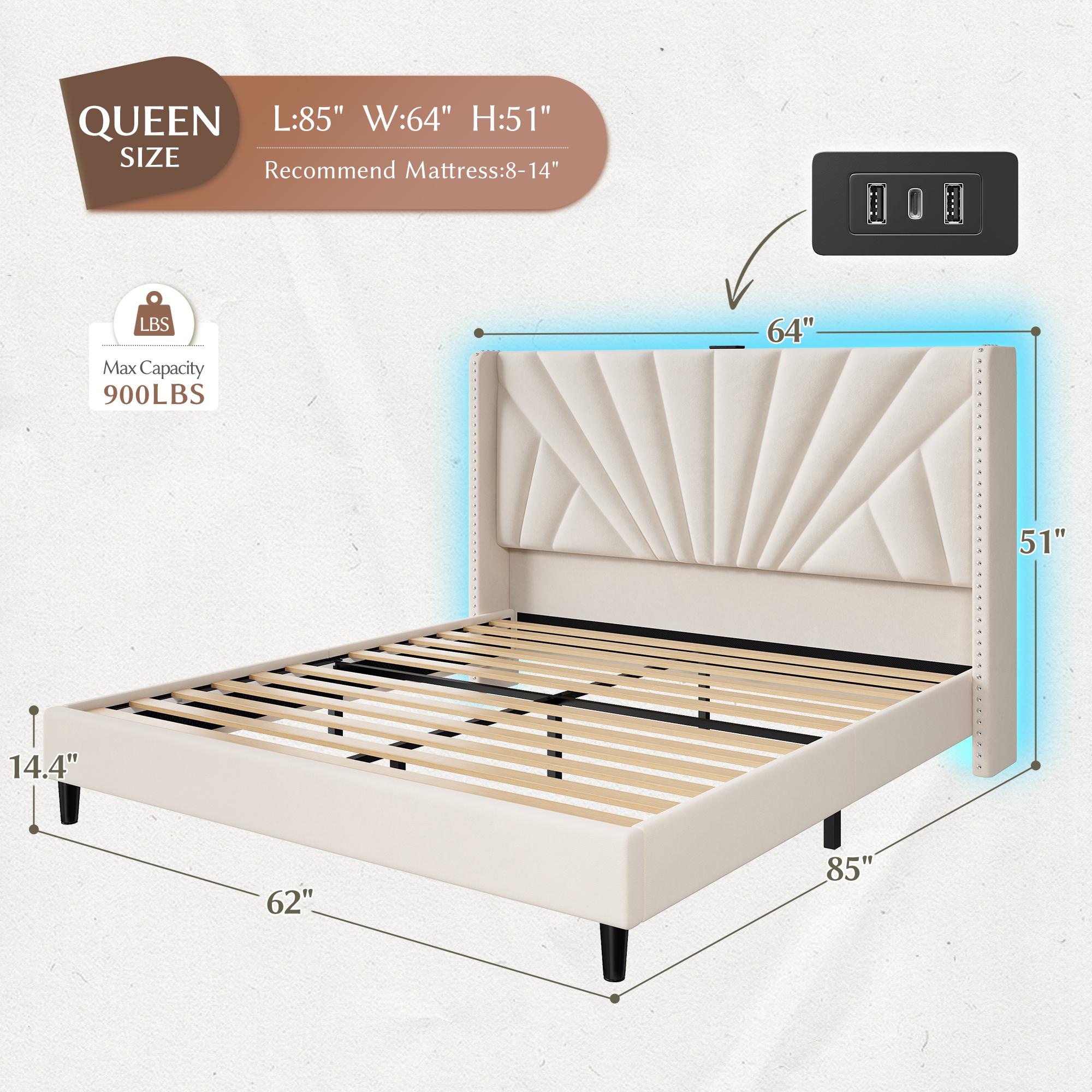 Raybee Furniture Queen Velvet Upholstered Bed Frame with 51" Tall Headboard, NO MATTRESS, Upholstered Bed Frame, King Size with LED Lights and Charging Station, Sturdy Wood Slat, Easy Assembly, No-Noise, Gift for Moving House [Black Friday]