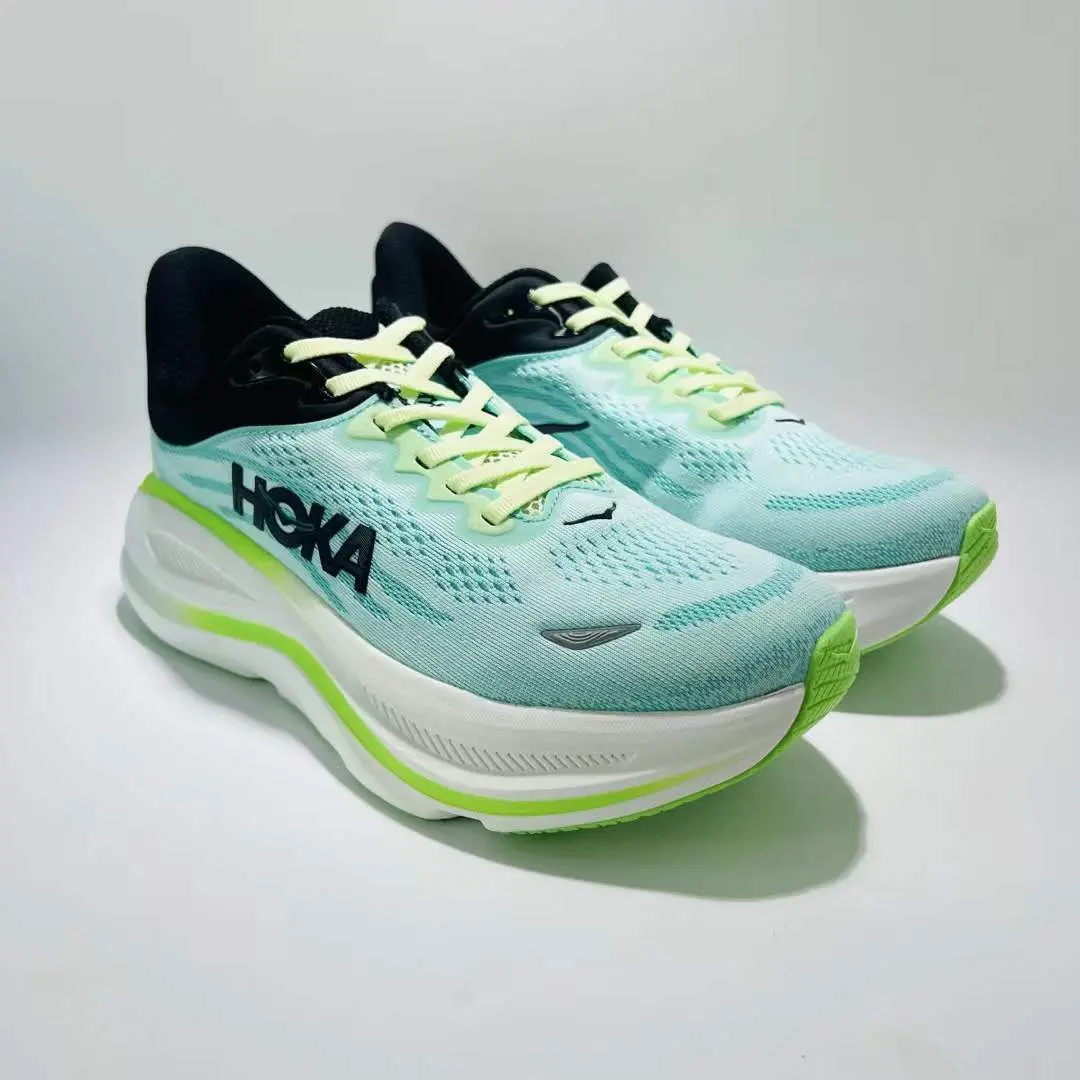 Mint Green Breathable Flyknit Mesh Cushioned Thick Sole Running Shoes, Lime Trim Lightweight Non-Slip Outdoor Jogging Unisex Athletic Sneakers