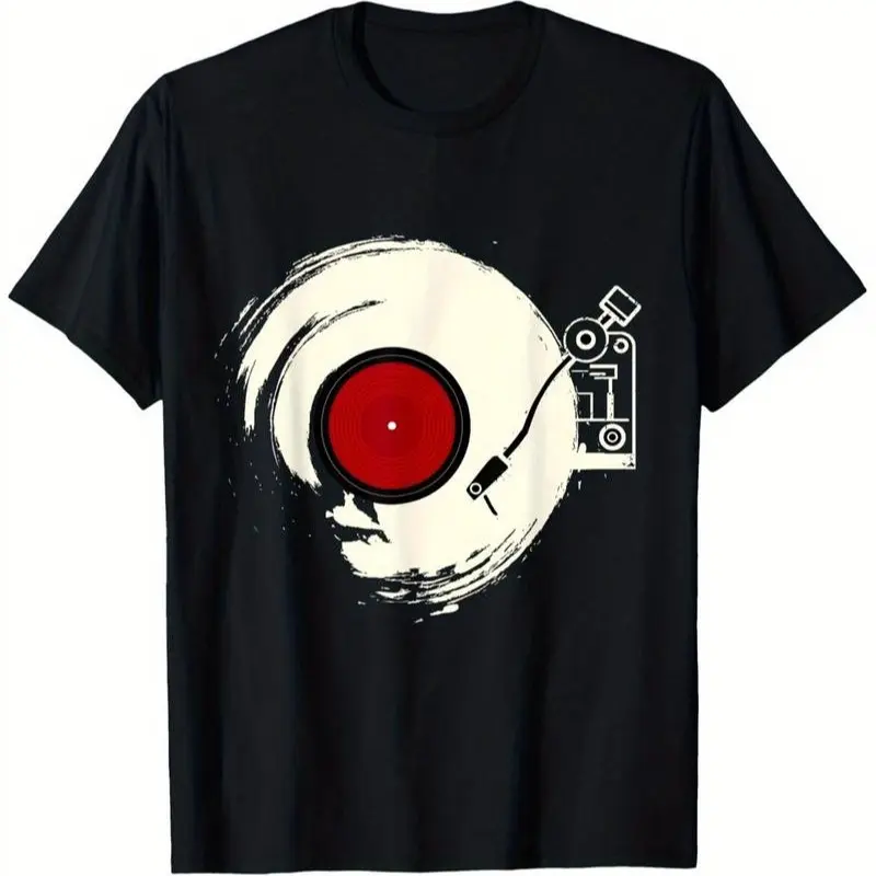 Unisex Retro Graphic T-Shirt, Short Sleeve 100% Cotton Top with Vinyl Turntable Print and Bold Red Accent for Music Lovers, Shortsleeve, Music Events, Breathable Cotton, Casual, Cold Wash, All Seasons, Machine Washable, Vinyl Graphic, Classic, Round Neck,