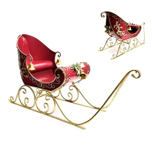 3.77ft. Long Opulent Metal Christmas Sleigh Commercial Holiday Display, Indoor/Outdoor, Glossy Red & Gold Finish, Vintage Style Sleigh Décor Prop