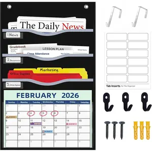 4 Pockets Hanging Wall File Organizer 15" Extra Wide Pocket Chart for Classroom, Office, Home, Mail Organizer Wall Mounted with 1 Writable Clear Pocket, 5 Wall/ Door Hooks & 12 Labels (Black)