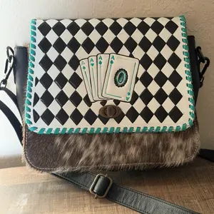 Cowhide Crossbody Bag with Hand Painted Checkered and Card Design, Black and White Checkered Pattern, Teal Edging