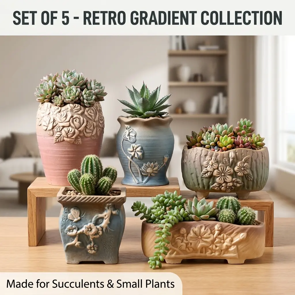 5-Piece Retro Relief Ceramic Succulent Pots & Planters Set - Gradient Glazed, Hand-Carved Floral Designs, Drainage Holes, Rustic Round Clay Urns, Aesthetic Home Decor for Desk, Gift for Plant Lovers