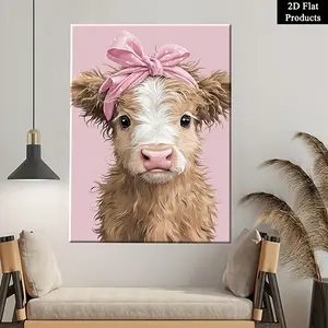 2D Flat Pine Wood Framed Photo Print Set - Charming Baby Highland Cow with Pink Bow, Classic Modern Artistic Wall Decor for Room, Wardrobe Accent