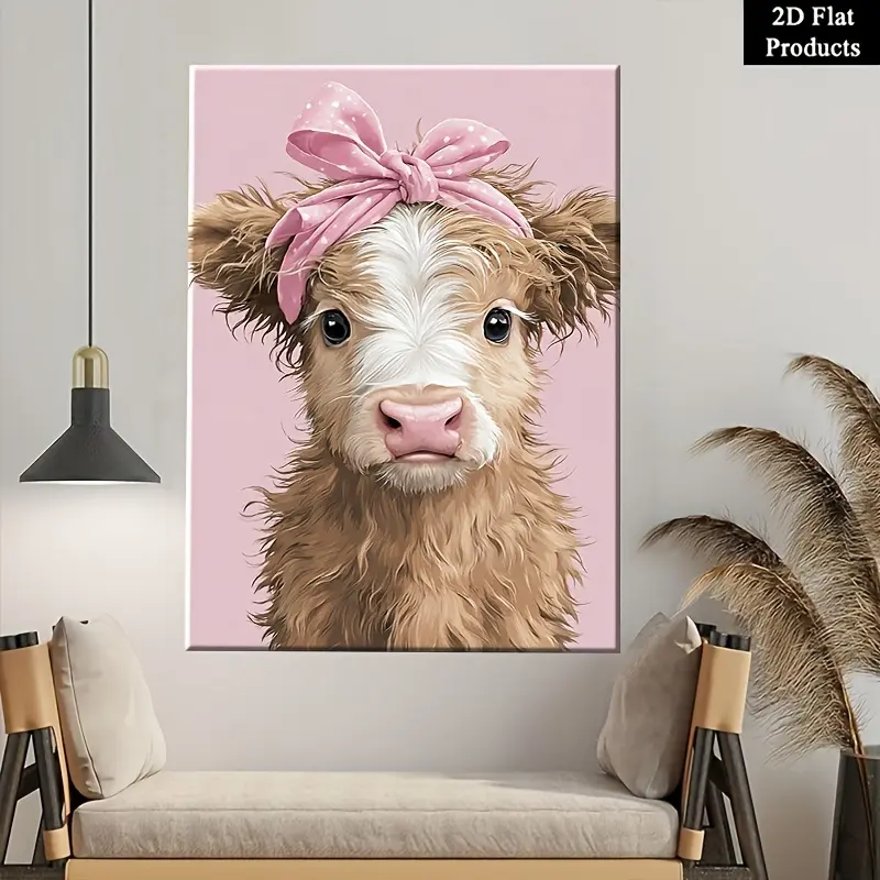 2D Flat Pine Wood Framed Photo Print Set - Charming Baby Highland Cow with Pink Bow, Classic Modern Artistic Wall Decor for Room, Wardrobe Accent#HighlandCowArt #NurseryDecor #Cottagecore #GirlsRoomDecor #AnimalWallArt #CanvasWallArt #BabyShowerGift