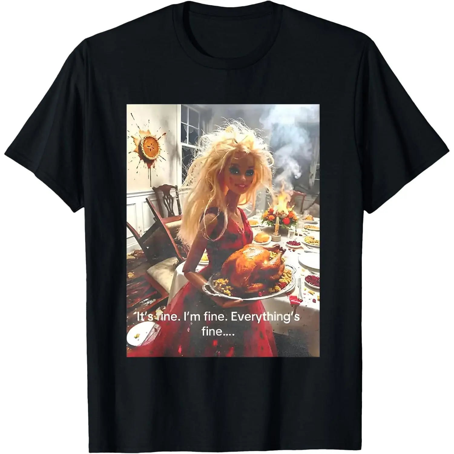 Women's 100% Cotton Short-Sleeve Round Neck Casual Distressed Graphic T-Shirt - Funny Disgusting Doll Face Meme "It's Fine I'm Fine" Print, Shortsleeve, Streetwear