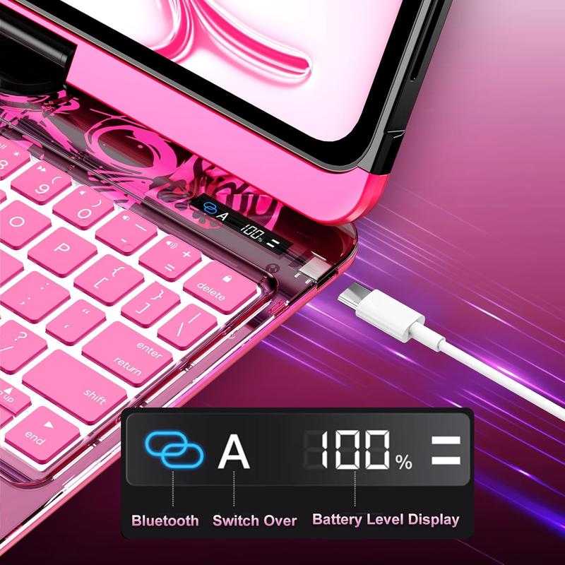 Transparent Y2K Pink 360°Rotatable Keyboard iPadCase for 2022 iPad 10th Gen 10.9-in & iPad 11th Gen 11-in.(A16, 2025),Clear Hard PC Back,Trackpad,Pencil Holder,7 Color Backlight Adjustable Durable