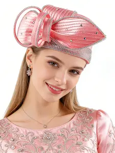 1PC Organza Derby Fascinator Hat Cloche Bowler Hat for Cocktail Tea Party Wedding Sun Hat,Wide-brimmed soft hat, adorned with gemstones, suitable for various parties, Bridal Accessory