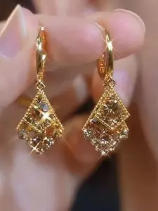 Elegant Women's Hoop Earrings with Coffee Synthetic Zirconia, Leaf Drop Design, Kc Plated, Perfect for Weddings & Parties