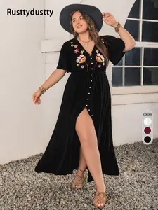 [Plus Size] Floral Embroidery Button Front Split Hem Dress, Casual Boho Bohemian Butterfly Sleeve V Neck A Line Dress for Daily Wear, Women's Clothes for Fall