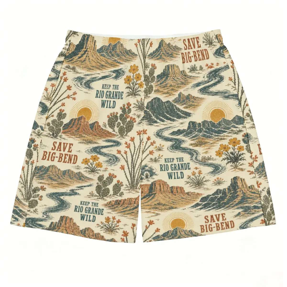 Big‑Bend National Park Vintage Board Shorts, Men’s No‑Pocket Rio Grande Wild Beach Swim Trunks