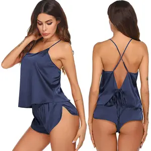 ilk ajamas et for Women atin Backless Lingerie js Cami Top and horts Nightwear Loungewear Pajama Satin Silk Womenswear Homewear lace push