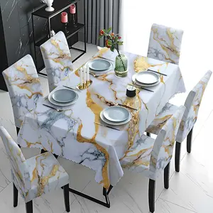 5/7 Pcs 2D Flat White Gold Marble Texture Tablecloth & Chair Cover Set, Stretch Washable Removable Dining Chair Slipcover, Modern Luxury Elegant Home Dining Wedding Banquet Chair Protector Decor, Removable Washable Slipcovers