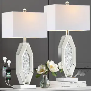 3-Way Dimmable Touch Diamond Crushed Mirrored Bedside Table Lamps Set of 2 for Living Room with USB A+C Ports,Tall Silver Modern Bling Nightstands Lamps for Bedroom with 2 Bulbs