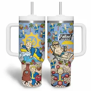 Fallout Hawaii Vault Boy 40oz Tumbler with Handle | Tropical Gamer Insulated Water Bottle | Nuka Cola Fan Gift | Premium Quality Travel Mug