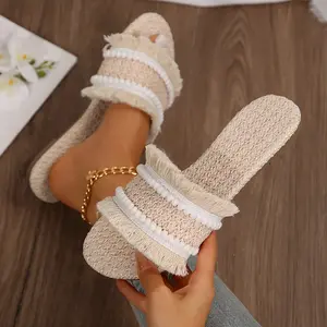 Women's Slip-On Fashion Sandals with Tassels and Straw Fabric - Perfect Summer Footwear for Trendy Ladies