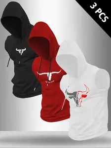 Men's 3-Piece Weightlifting Pattern Print Sleeveless Hooded Tank Top, Casual Comfortable Summer Gym Wear, Perfect for Outdoor Fitness, Gym Clothes Workout, Gym Athletic Clothes