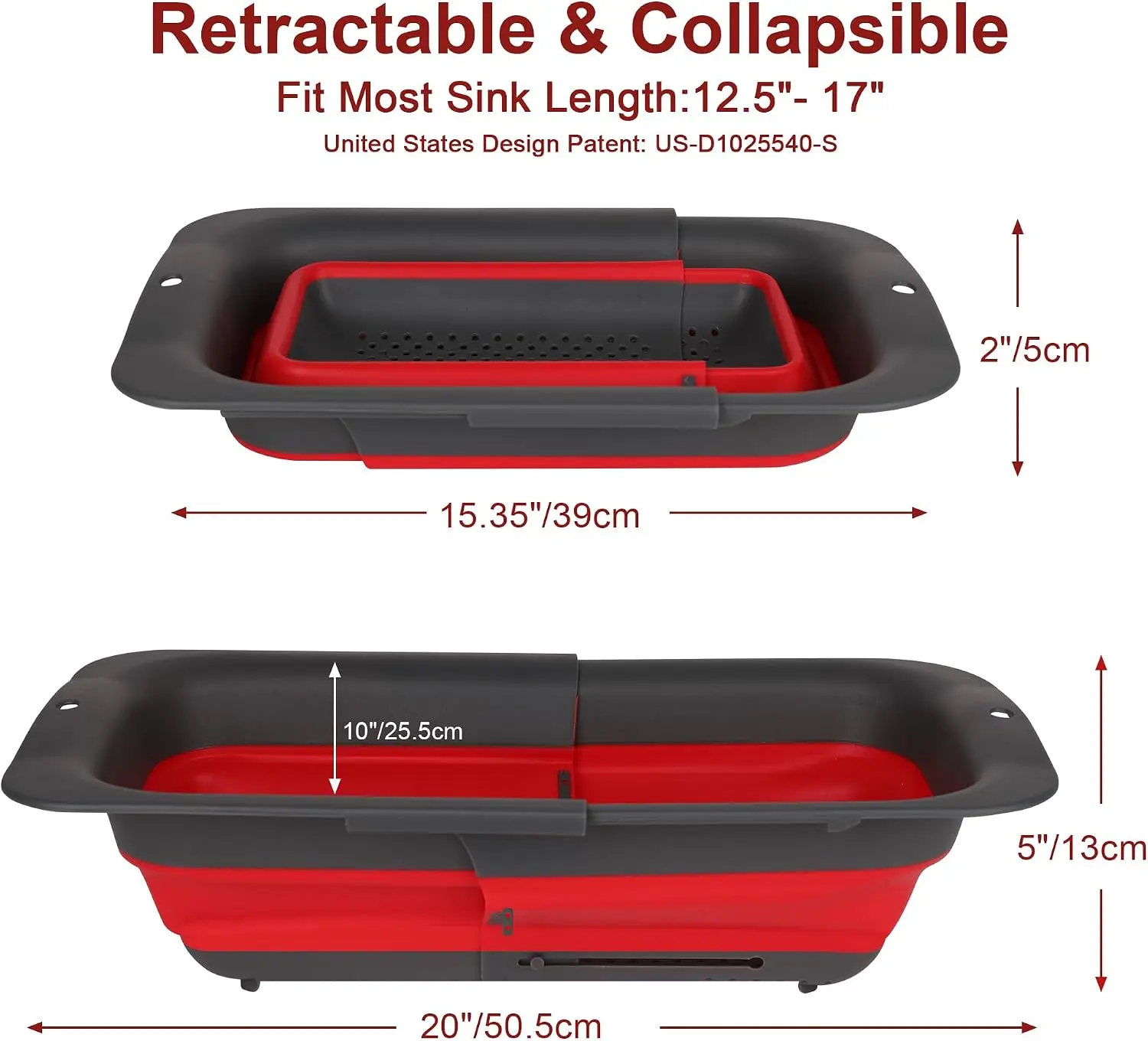 7Qt Collapsible Colander Strainer, Expandable Over the Sink Colander, Adjustable Silicone Kitchen Sink Strainer, Foldable Large Colanders Basket to Wash Vegetable, Fruit, 15" to 19.9", Red