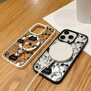 Black & White Cartoon Cat & Paw  Cute Phone Case for iPhone 17/16/15/14/13/12 Pro Max/Plus/Pro Gray Edge Clear Back Protective Transparent Casing Protection Shockproof  Ready Cat-Themed Design